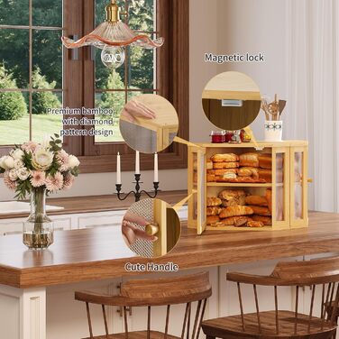 Бак для хліба на кухонну стільницю Eck, контейнер для домашнього хліба, двошаровий, великий бамбуковий контейнер для кухні з вікном (Білий, середній) (Натуральний, середній)