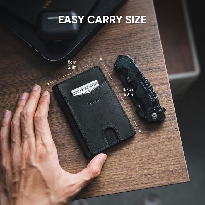 Чоловічий шкіряний картхолдер VULKIT з RFID захистом, чорний - Slim Wallet для 10 карт