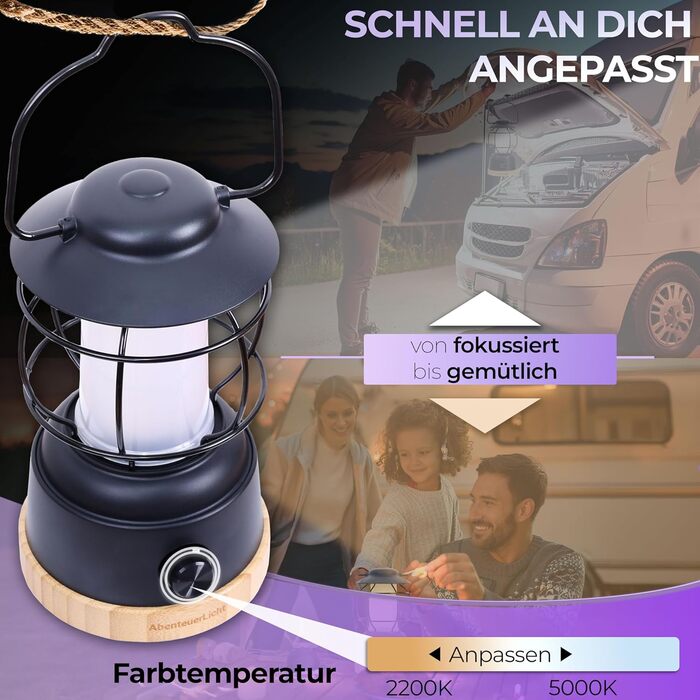 Outdoor LED Camping Lantern AdventureLight - Weatherproof Battery-Powered Camping Lamp with up to 200h Runtime, Steplessly Dimmable, 2 Color Temperatures: Cozy & Refreshing, 390 Lumens, USB Rechargeable