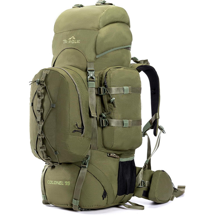 Tripole Rucksack from the Colonel Series with Internal Frame - Featuring Detachable Daypack and Rain Cover (95 Liters, Olive Green)