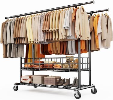 Підставка для одягу HOKEEPER на коліщатках, важка, з подвійною перекладиною, до 283 кг, D004K