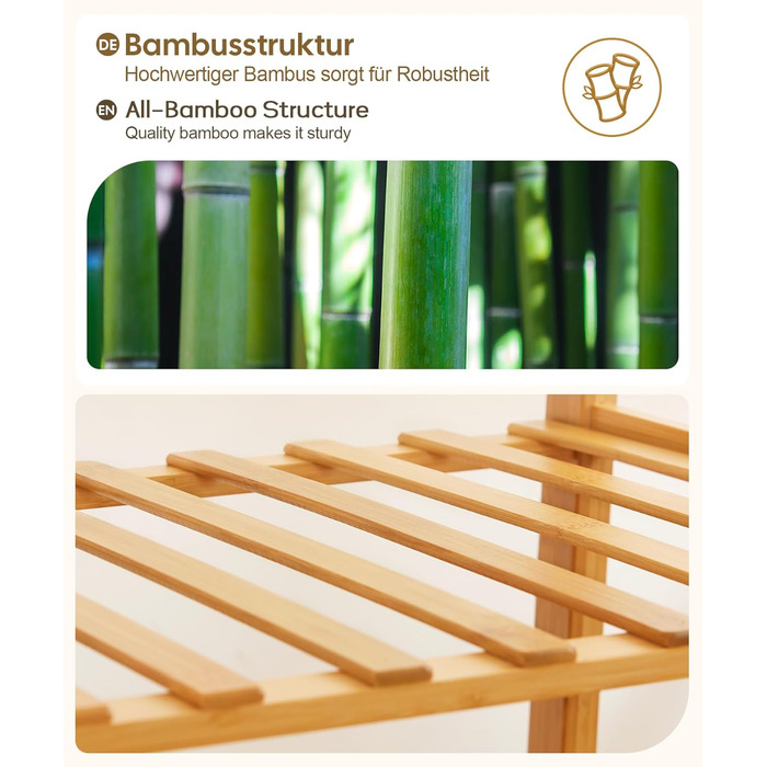 Yorbay Bamboo Clothes Rack with Wheels, with Clothes Rail, 3 Shelves and 6 Hooks, Tree Shape, 100 x 38 x 176 cm (Natural)