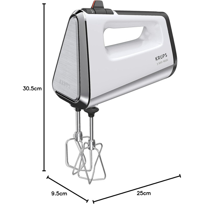 Krups GN9101 3 Mix 9000 Hand Mixer | 750 Watt | Powerful | Speed Control | Turbo Mode | Pulse Function | Ergonomic Handle | Long Cord | Includes Whisk and Dough Hooks | White/Silver 750 Watt Single