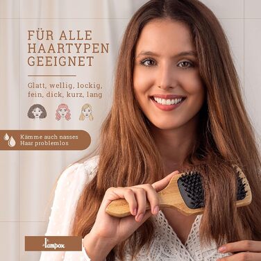 Дерев'яна щітка для волосся Lampox з щетиною кабана: масаж голови, догляд за волоссям, розчісування для довгих волосся та кучерявого волосся, для жінок, чоловіків та дітей