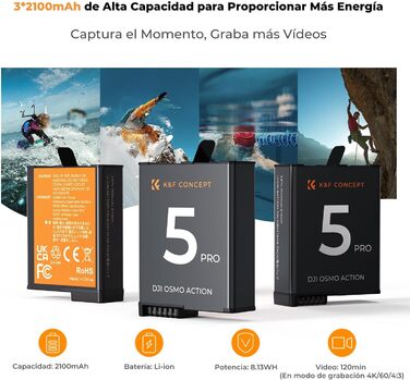 Акумулятор K&F Concept OSMO Action 5 2100mAh + Зарядний пристрій 3-слотовий + Експрес-кейс для карт, сумісний з DJI OSMO Action 5 Pro, Action 4, Action 3 та Osmo 360