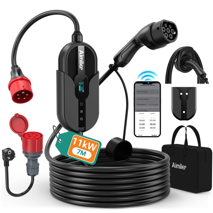 Зарядний пристрій Wallbox 11 кВт з додатком, 400V (8-16A), 3 фази, мобільна станція, кабель CEE Typ 2, IP66, OLED, для електромобілів Model Y/3, ID.3/4/5, MG4, Zoe та інших PHEV/EV, 11 кВт, 16A, CE