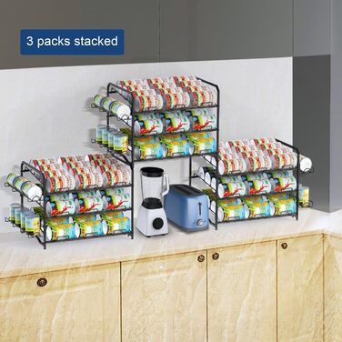 Bomclap Stackable Can Organizer, Can Rack Organizer for Kitchen Cabinets Storage or Countertops, 3-Tier Can Dispenser with Side Shelves, Storage for 42 Cans, Black