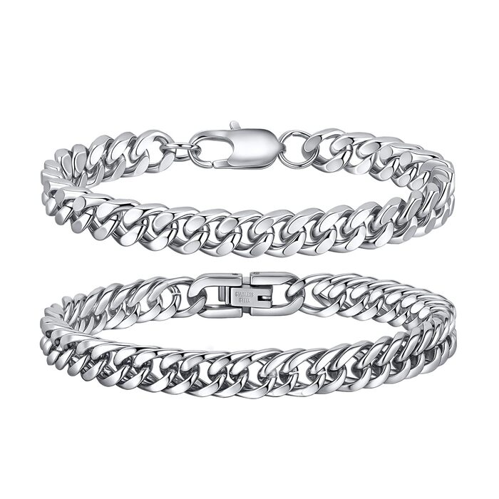 Чоловічий браслет з нержавіючої сталі 2 шт. - браслети для чоловіків срібного/чорного/золотого кольору. Браслет-танцююча ланцюжок. 19/21/23 см. Подарунок для чоловіка, батька, сина, друга, чоловіка, брата. Срібло, 8 мм ширина, 19.0 см