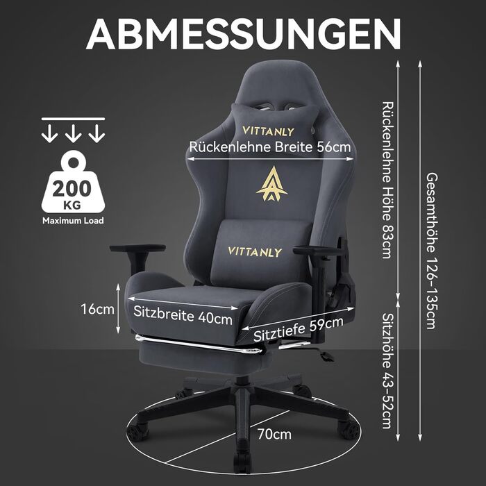 Ігровий крісло Vittanly з підніжкою, підголівником та поперековою підтримкою, сірий