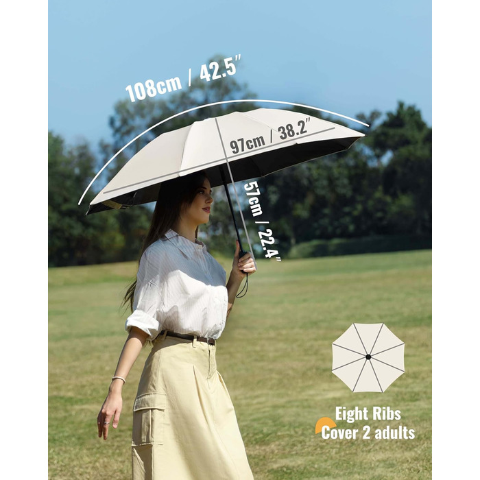 Чакіпі - парасолька велика, стійка до вітру, компактна для подорожей, автоматична, для жінок та чоловіків, UV-захист, блакитна, діаметр 97 см, 8 спиць