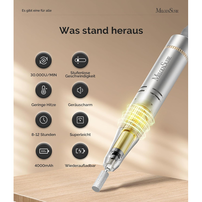 Електрична фрезер для нігтів MelodySusie SC320F – професійний бездротовий апарат для манікюру, 30000 обертів, для акрилу, гелю, полірування та видалення, набір для салону та дому (білий/золотий)