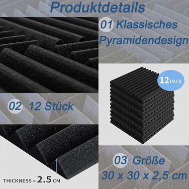 Акустичний поролон для звукоізоляції стін, вогнестійкі шумопоглинаючі панелі для студії, офісу та дому, 30x30x2,5 см, 12 шт.