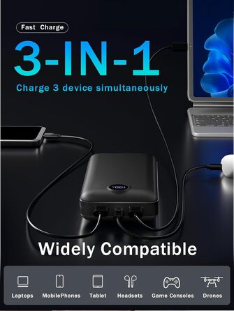 Power Bank 50000mAh з LED дисплеєм: Швидка зарядка 22.5W, 3 виходи USB-C, 2 входи, сумісний з Samsung, iPad, Android, чорний