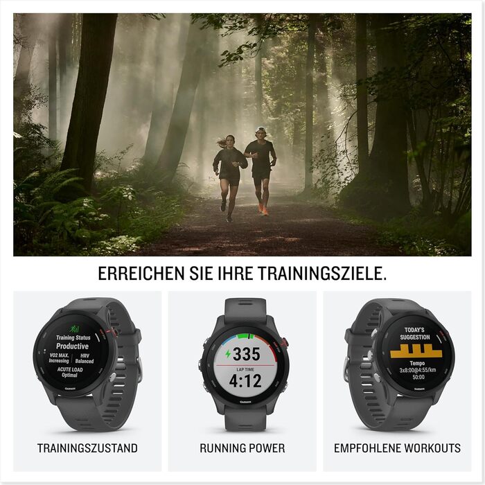 Garmin Forerunner 255 – GPS-годинник для бігу з індивідуальними планами тренувань, функціями для бігу та детальною аналітикою. 1.3' дисплей, до 14 днів роботи від акумулятора, водонепроникний (Non-Music, 46 мм, Шкіряний сірий)