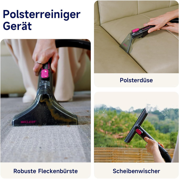 WECLEAN C3 - Миючий пилосос 600W, 18kPa, для килимів, диванів, вікон, авто. Чорний/Рожевий