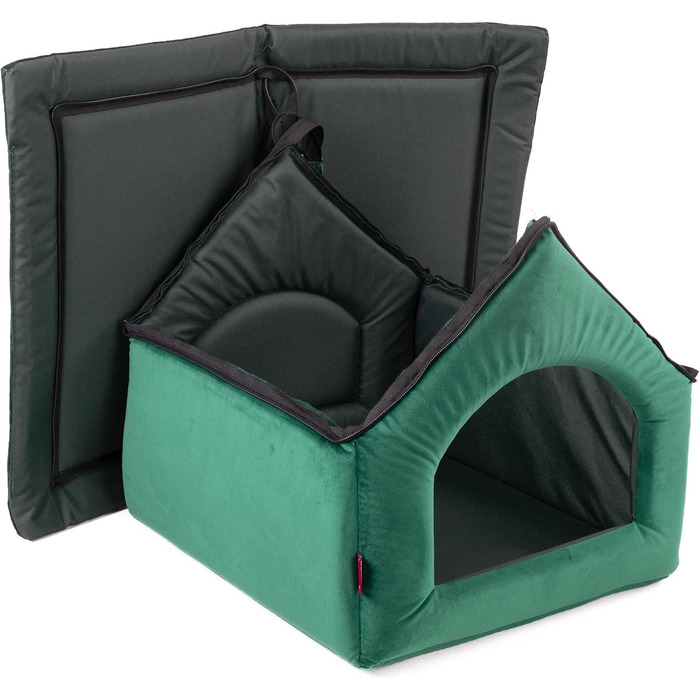 Зручна лежанка-будка для собак та котів, розмір L, зелений велюр | 34 x 44 x 38 см