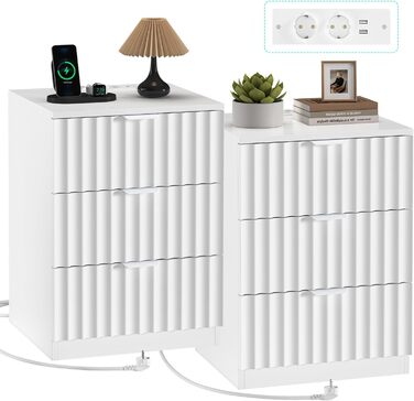 Комплект приліжкових тумб Brinlawb із LED-підсвіткою та зарядкою, чорний, з шухлядами, рифлена поверхня, для спальні та вітальні