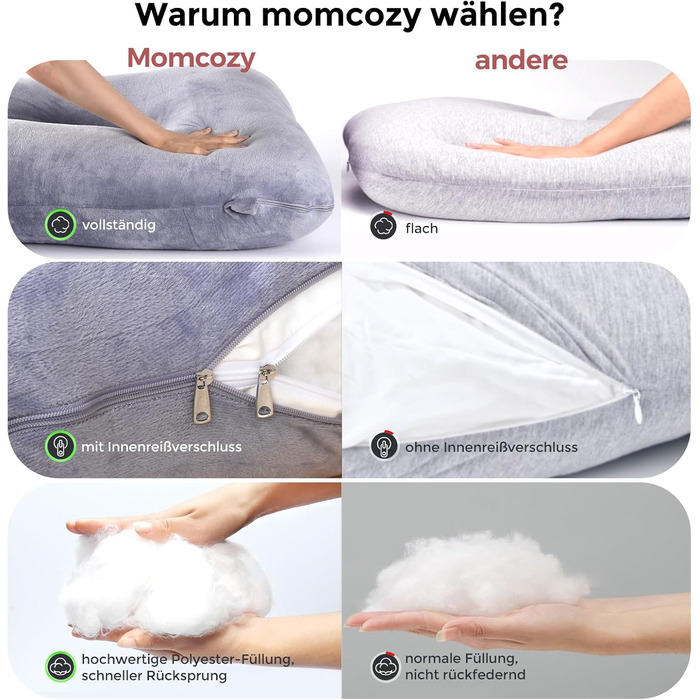 Вагітний подушка Momcozy з кристального велюру - U-подібна подушка для сну на боці (145 см) - для підтримки спини та стегон, сірий колір