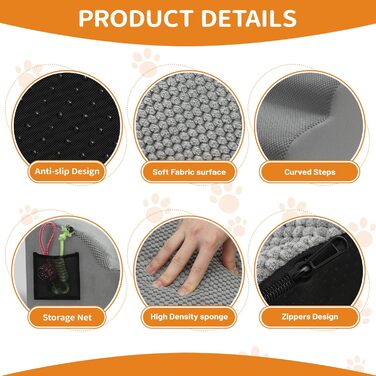 Сходинки для собак, 3 сходинки, з щільного матеріалу, для маленьких собак та котів, знімний чохол, іграшка-канат, легкі та портативні, сірі.