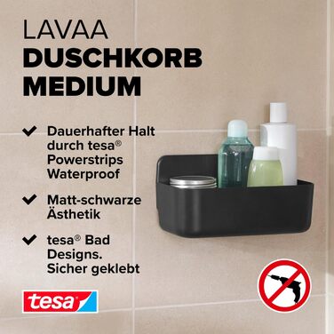 Полиця для душу tesa Lavaa M, чорна матова, настінна, без свердління, з водостійкими клейкими стрічками, 260×130×110 мм