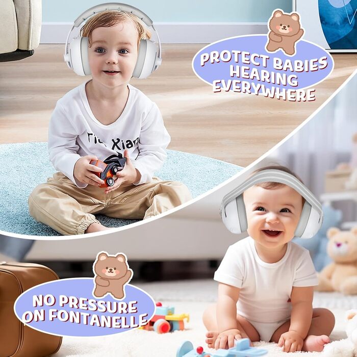 Навушники для захисту від шуму USHOP для немовлят 2-в-1, 25dB, регульоване антиковзне кріплення, до 48 місяців, м'які та легкі, запобігають пошкодженню слуху