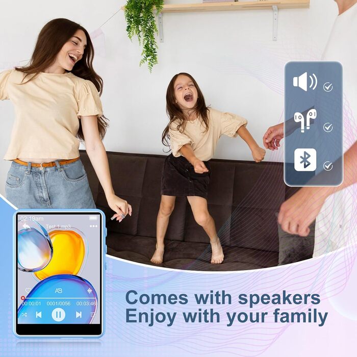 MP3-плеєр 64GB Bluetooth 5.3 з сенсорним екраном 2.4' для дітей, FM-радіо, запис голосу, Line-In (Чорний, Синій)