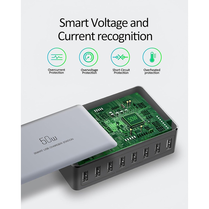 Зарядний пристрій USB 50W мережевий адаптер 8 портів для iPhone 15/14/13/12 Pro Max, iPad, Samsung, Google Pixel - Чорний