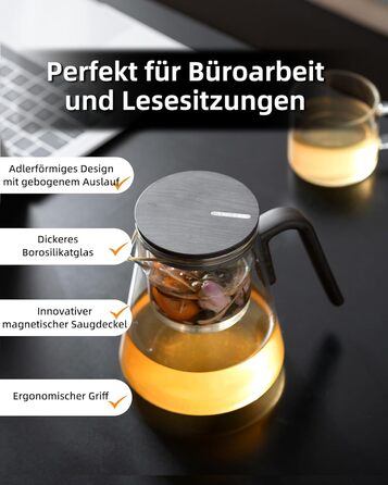Чайник ZENS Magic з боросилікатного скла з ситом, 800 мл, з магнітним кришкою та ручкою з чорного горіха, для заварювання листового чаю