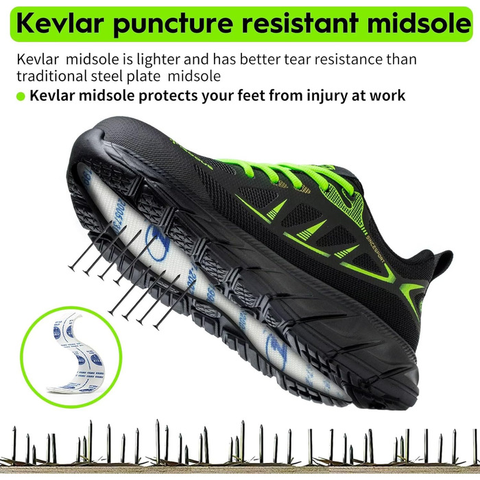 Зручні робочі черевики ISOOUS з металевим підноском для чоловіків та жінок. Легкі, спортивні, неслизькі, дихаючі. Розмір 37 EU, колір зелений.