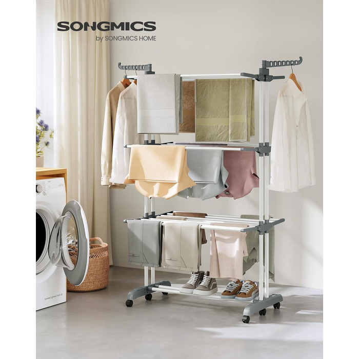 SONGMICS Сушарка для білизни на коліщатках, 4 яруси, розкладна, з крилами, 63,5 x 125,5 x 173 см, велика, LLR703G01 (Хмарний білий + Аубенграу)