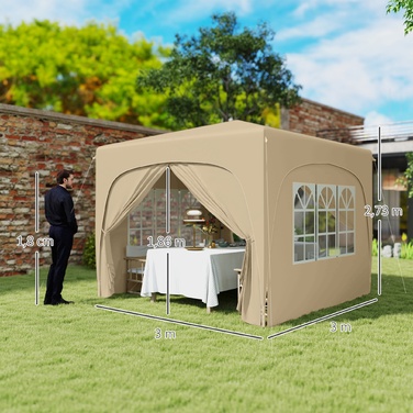 Outsunny 3x3m Gazebo, Water-Resistant, Stable, Winter-Proof Pop-Up Folding Gazebo, UV Protection 50+, Foldable Party Tent Garden Tent with 4 Side Walls Bag Garden Gazebo for Camping Garden, Sand | Aosom