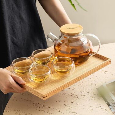 Скляна чайниця з ситечком CnGlass, 900мл, стійка до плити, для листового та квіткового чаю, комплект з 4 чашками по 100мл