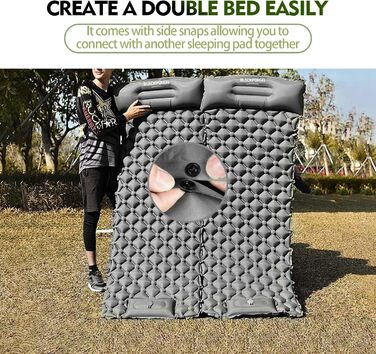 Double Camping Sleeping Pad with Built-in Pillow & Foot Pump - Lightweight Inflatable Mat for Camping, Backpacking, Hiking, Travel & Tent (Gray)