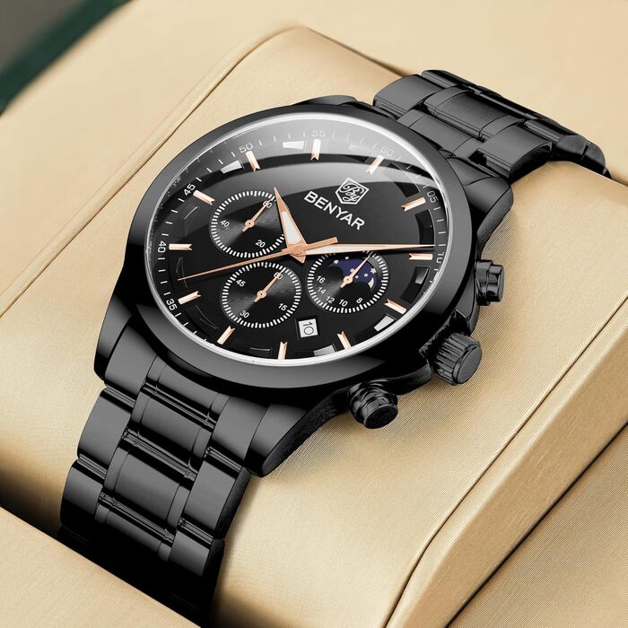 Годинник чоловічий Benyar 5160 чорний - Хронограф, аналоговий, кварц, водонепроникний, з датою | Чоловічий годинник для бізнесу та моди