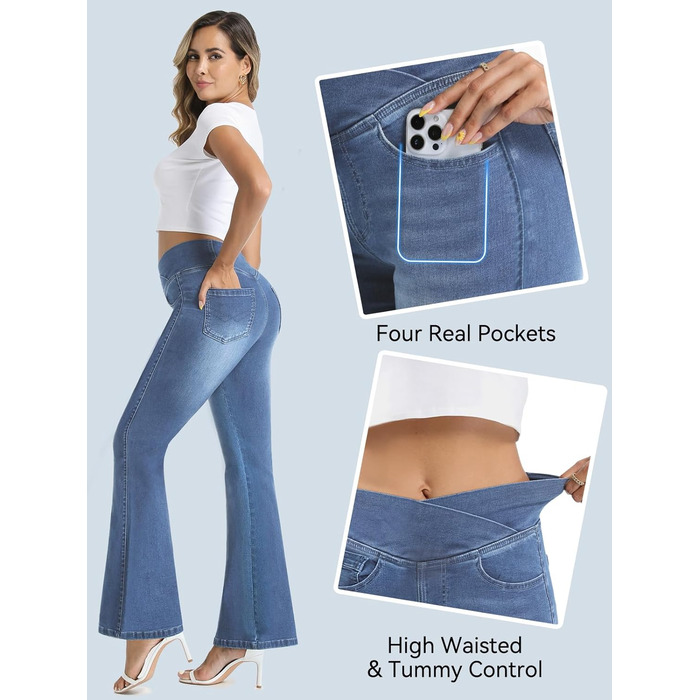 Джинси жіночі Bootcut з високою талією VX VONXURY, темно-сині, еластичні, 4 кишені, для повсякденного носіння та офісу (довжина штанини 79 см, розмір XL)