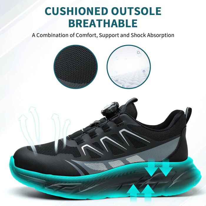 Черевики безпеки для роботи: чоловічі та жіночі, зручні, з металевим носком, легкі, дихаючі, для промисловості, з поворотними пряжками та шнурівками, 42 EU, чорні