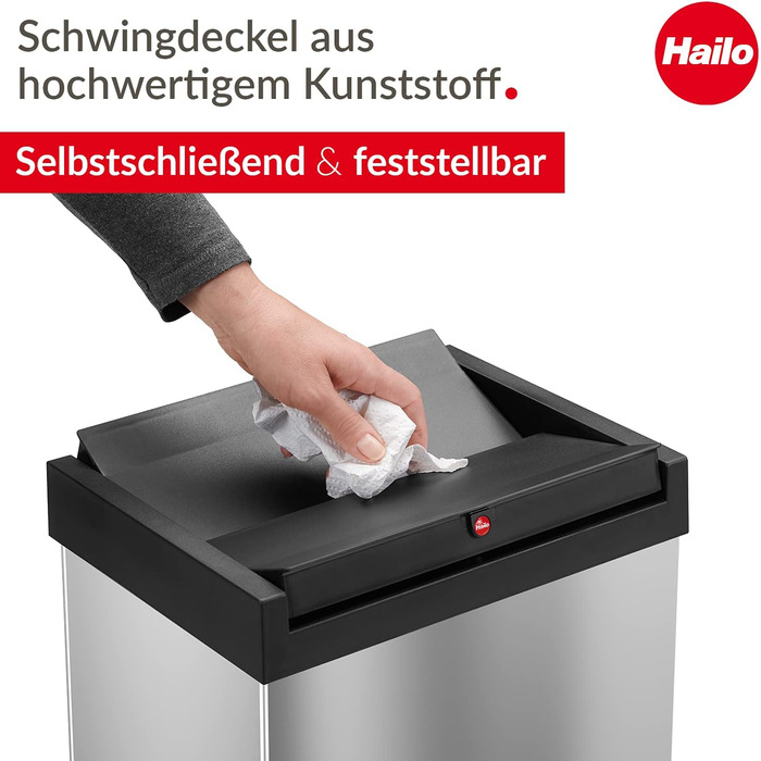 Відро для сміття Hailo Big-Box Swing XL 52 л з кришкою-маятником, сталевий, з кріпленням для мішка, для кухні, німецька якість (нержавіюча сталь)