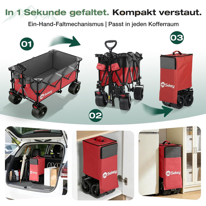 Універсальний візок Sekey XXL Plus 200L/200кг: Складаний, гальмівний, позашляховий, червоно-сірий, колеса 10 см