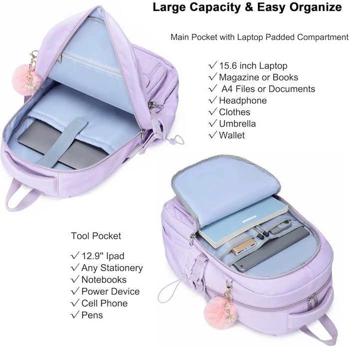 Шкільний рюкзак для підлітків, дівчаток, 3-в-1 (рюкзак, ланчбокс, пенал) Violett, 15.6