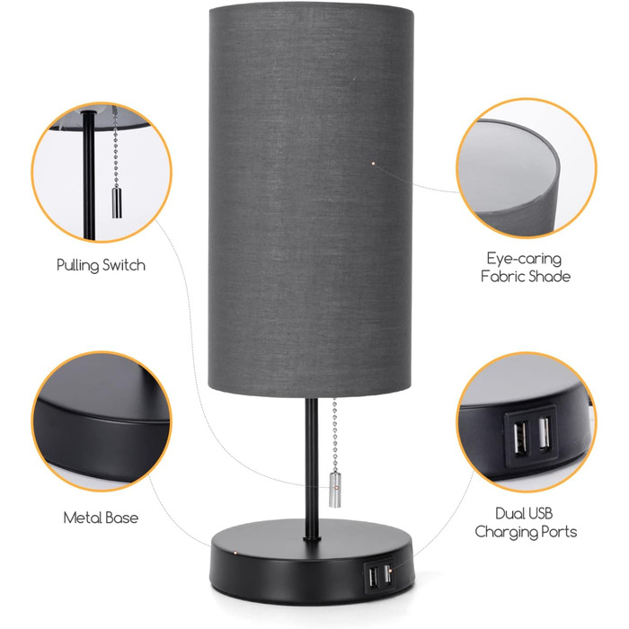 Настільна лампа Aigostar з 2 USB-портами, вимикач, металевий цоколь, сірий колір, для спальні, вітальні, дитячої кімнати