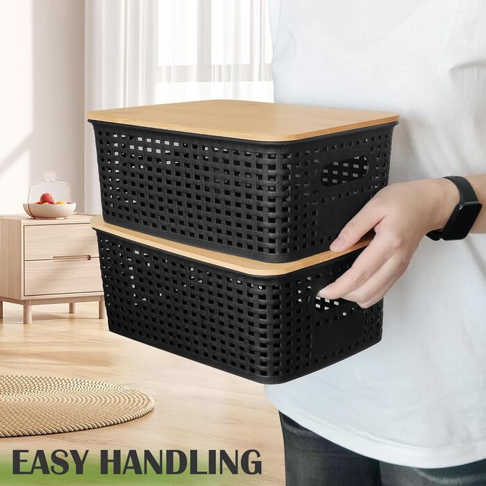 Storage Box with Bamboo Lid Small 3 Pack 5L Storage Box Bathroom Box with Lid Black Bathroom Organizer 25x18x10cm Plastic Box Kitchen Storage Boxes Baskets Containers Stackable Boxes