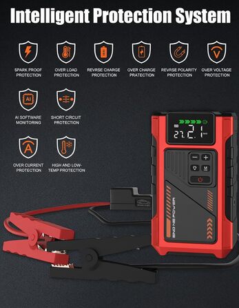 Powerbank для автомобіля з компресором 150 PSI та пусковим струмом 6000A (до 9.0л бензин/7.5л дизель), Jump Starter 12V з LCD дисплеєм, LED ліхтарик, червоний