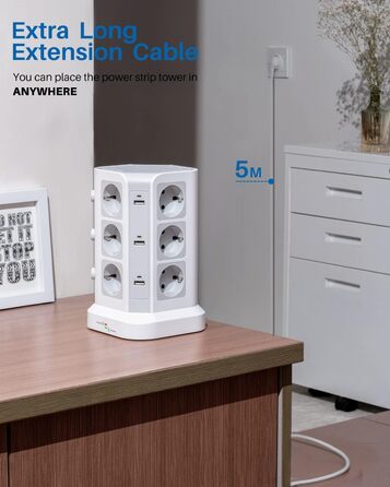 Стедова колонка KOOSLA з 12 розетками, захистом від перенапруги (4000W/16A) та 6 USB, 5м, білий - для офісу, кухні, столу