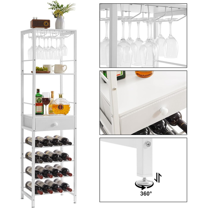 IBUYKE Wine Rack, 4-Tier Freestanding Wine Rack with Glass Holder and Drawer, 16 Bottle Rack Countertop Wine Rack with Tabletop Storage, for Kitchen, Bar, Dining Room, White TMJ905W