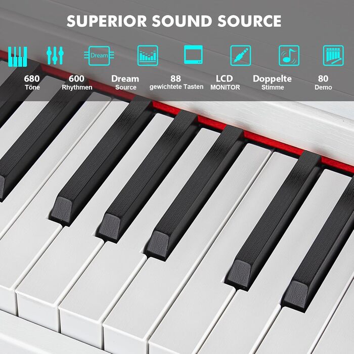 Електронне піаніно MUSTAR 88 клавіш з табуретом, цифрове піаніно, електричне піаніно з підставкою, 3 педалі, 2 роз'єми для навушників, LCD-дисплей, USB/MIDI, піаніно для початківців, чорний колір