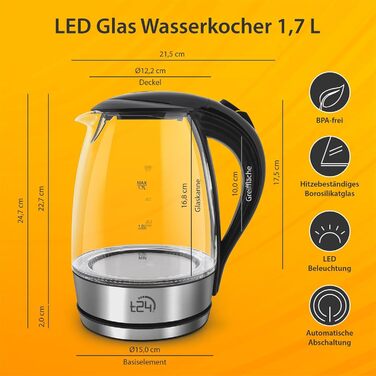 Скляний електричний чайник T24 79020 з LED-підсвіткою, 1.7 л, 2200 Вт, захист від перегріву, без BPA, сріблястий