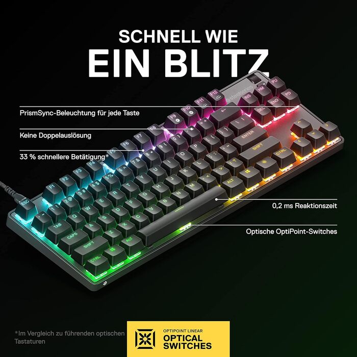SteelSeries Apex 7 - Механічна ігрова клавіатура з OLED дисплеєм - QWERTZ (оптичні перемикачі, TKL, американська клавіатура)