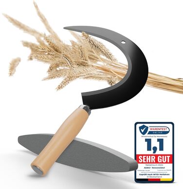 ALBAJ Sickle with Wooden Handle - traditional sharp sickle - sustainable scythe 35x22 cm - includes free sharpening stone – robust sickle for grass