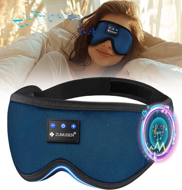 Маска для сну ZUMUSEN з навушниками Bluetooth V5.4, 3D маска для сну, блокує світло, дихаюча, регульована, для відпочинку, медитації, подорожей (Блакитна)