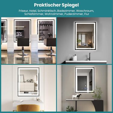 Дзеркало YOURLITE з підсвічуванням 70x50 см, LED дзеркало для ванної кімнати з сенсорним вимикачем, годинником, 3 кольори світла, регулювання яскравості, антизапарник, пам'ять, срібний (чорний, 80x60 см)